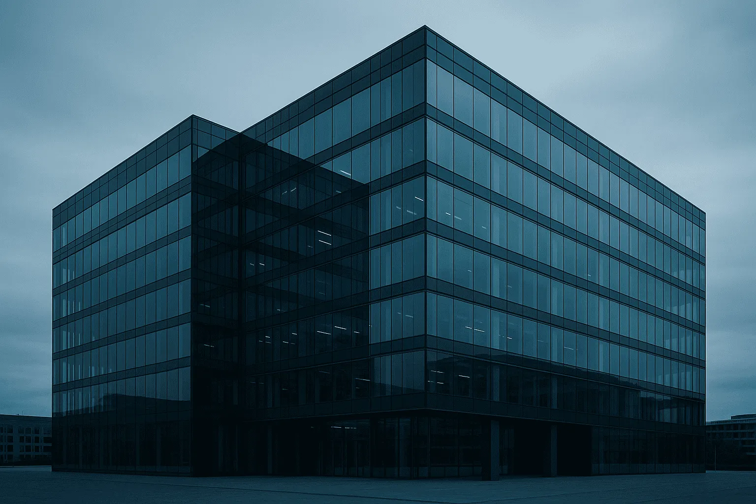 Glasfassade eines modernen Bürogebäudes mit reflektierenden Fenstern.